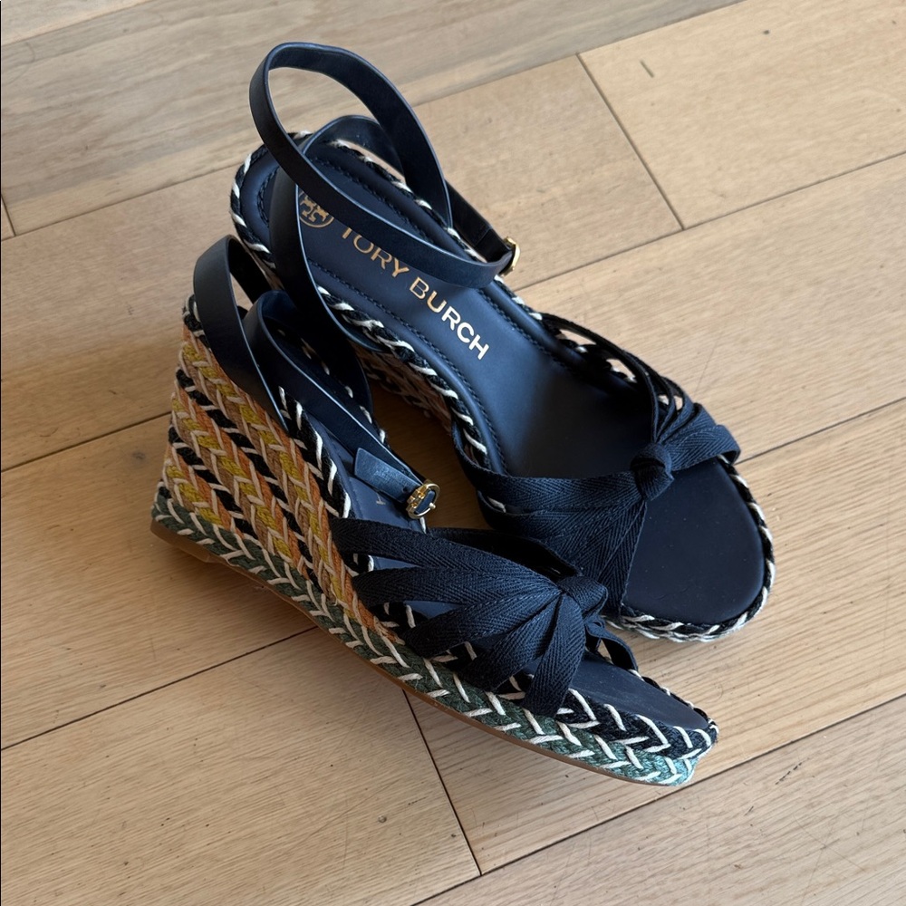 Tory Burch Navy and Multicolor Wedge Sandals